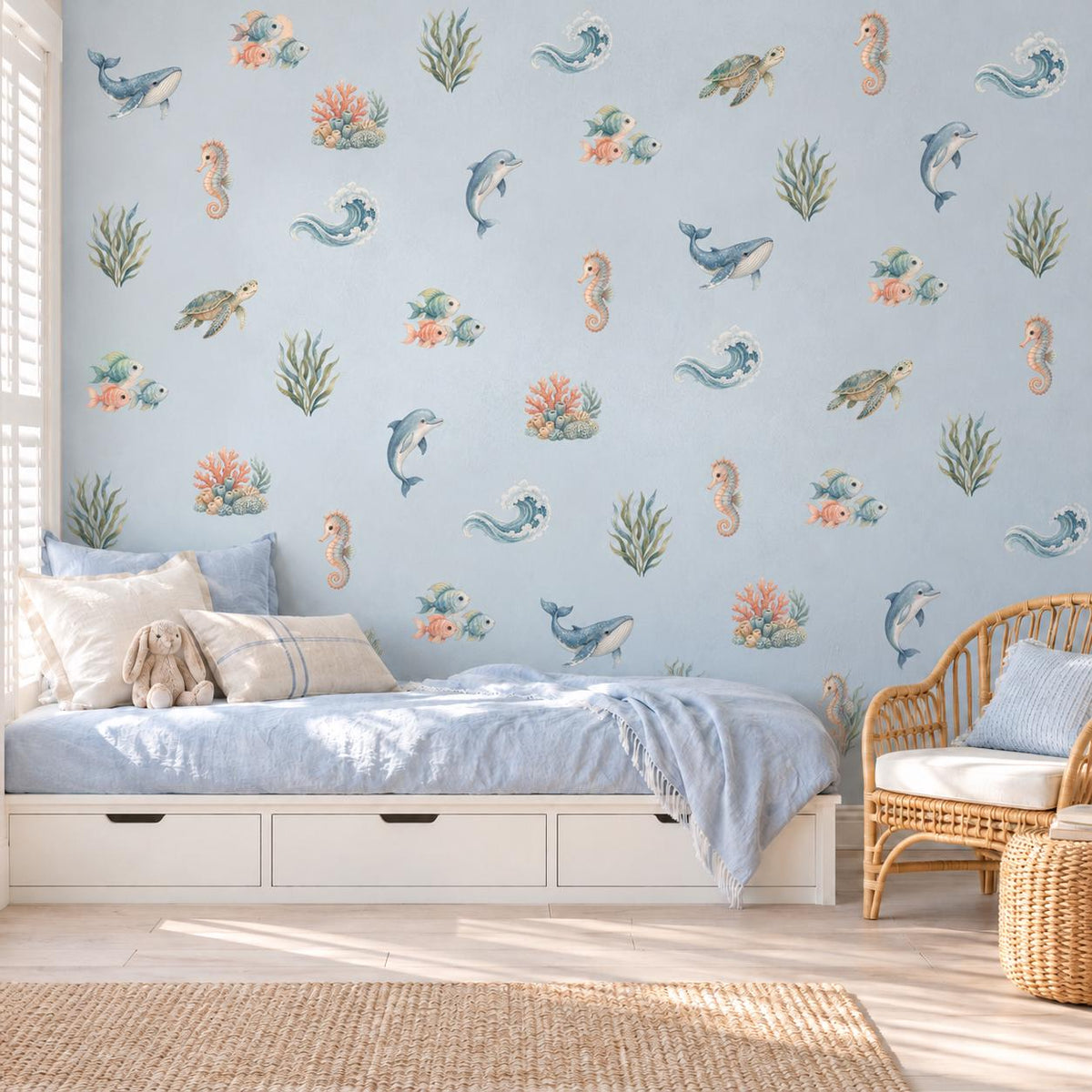 Under the Sea Wall Stickers, Ocean Nursery Decor, Whale Dolphin Turtle Wall Decals, Kids Room Gender Neutral Baby Peel and Stick Art
