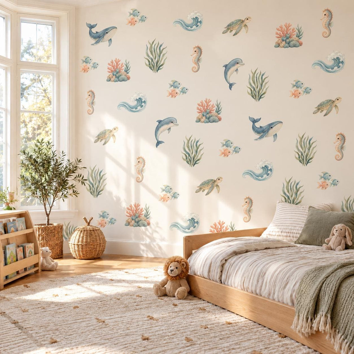 Under the Sea Wall Stickers, Ocean Nursery Decor, Whale Dolphin Turtle Wall Decals, Kids Room Gender Neutral Baby Peel and Stick Art