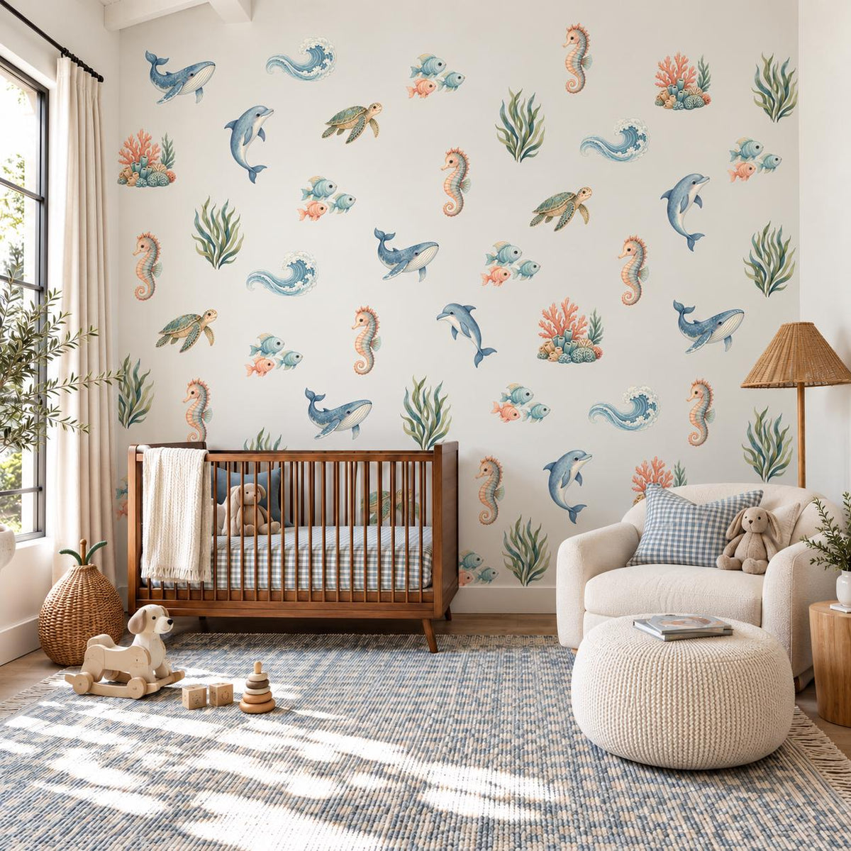 Under the Sea Wall Stickers, Ocean Nursery Decor, Whale Dolphin Turtle Wall Decals, Kids Room Gender Neutral Baby Peel and Stick Art