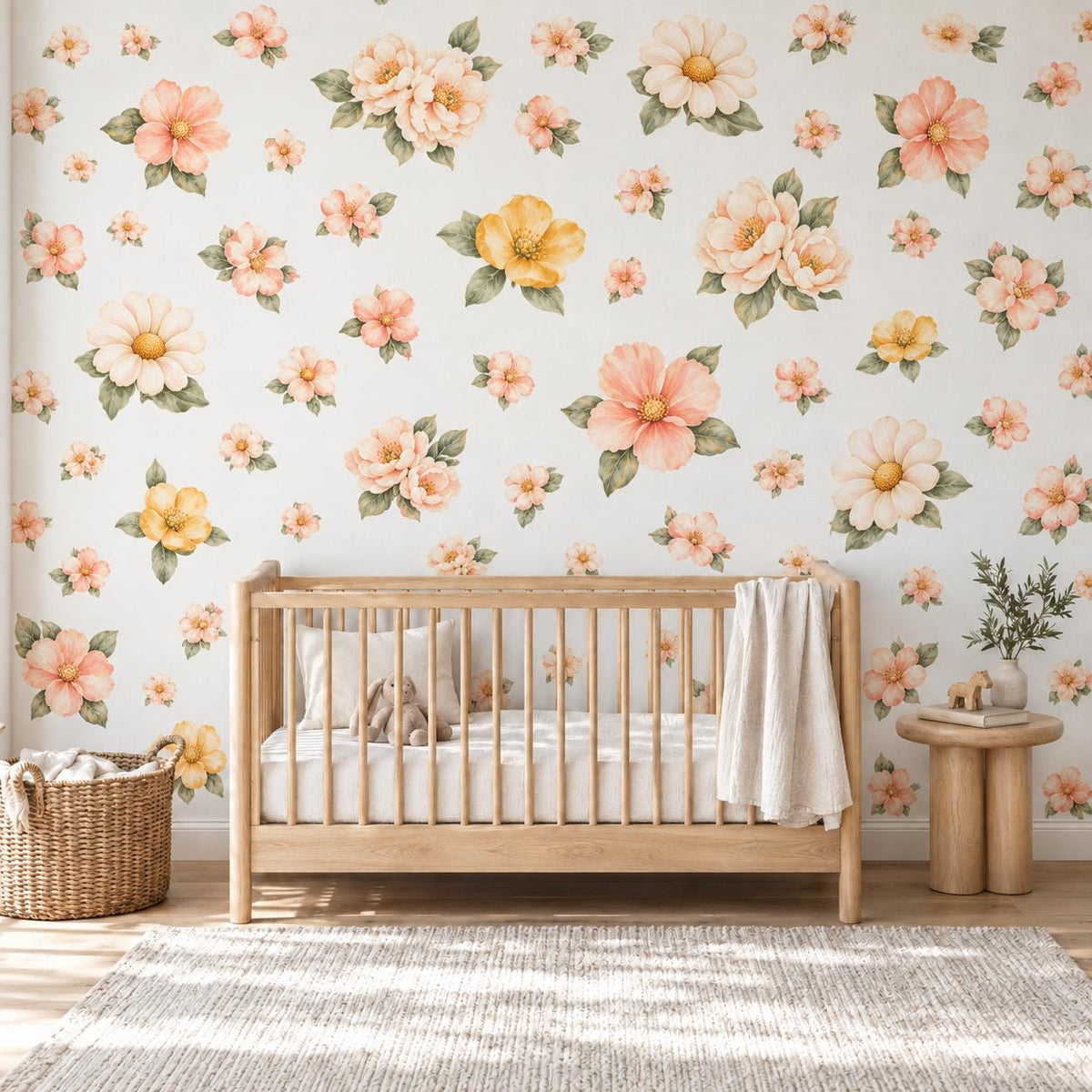 Floral Wall Stickers, Boho Daisy Meadow Nursery Decor, Watercolour Flower Wall Decals, Girls Kids Room Baby Peel and Stick Wall Art