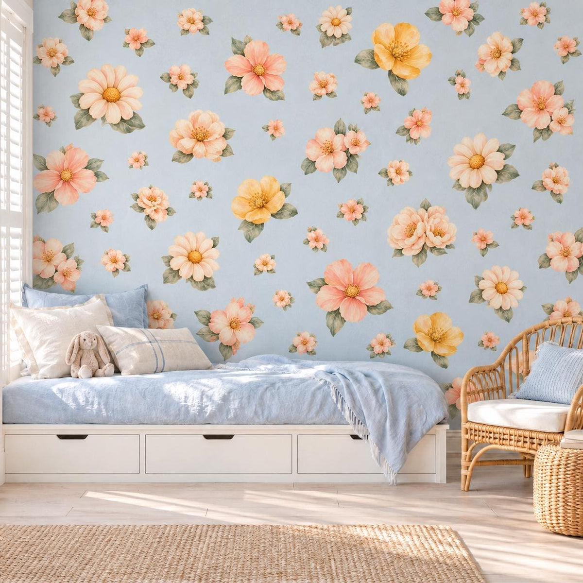Floral Wall Stickers, Boho Daisy Meadow Nursery Decor, Watercolour Flower Wall Decals, Girls Kids Room Baby Peel and Stick Wall Art
