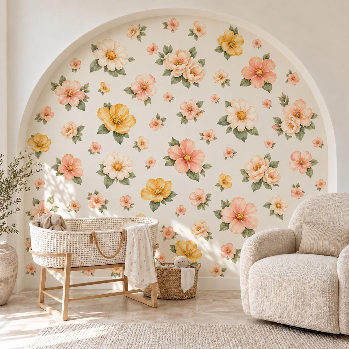 Floral Wall Stickers, Boho Daisy Meadow Nursery Decor, Watercolour Flower Wall Decals, Girls Kids Room Baby Peel and Stick Wall Art