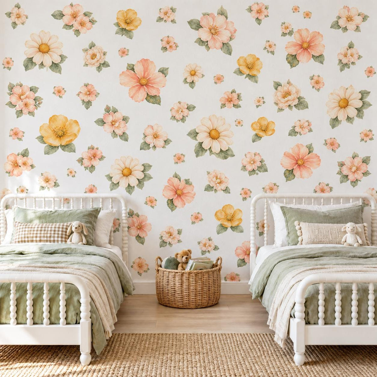 Floral Wall Stickers, Boho Daisy Meadow Nursery Decor, Watercolour Flower Wall Decals, Girls Kids Room Baby Peel and Stick Wall Art