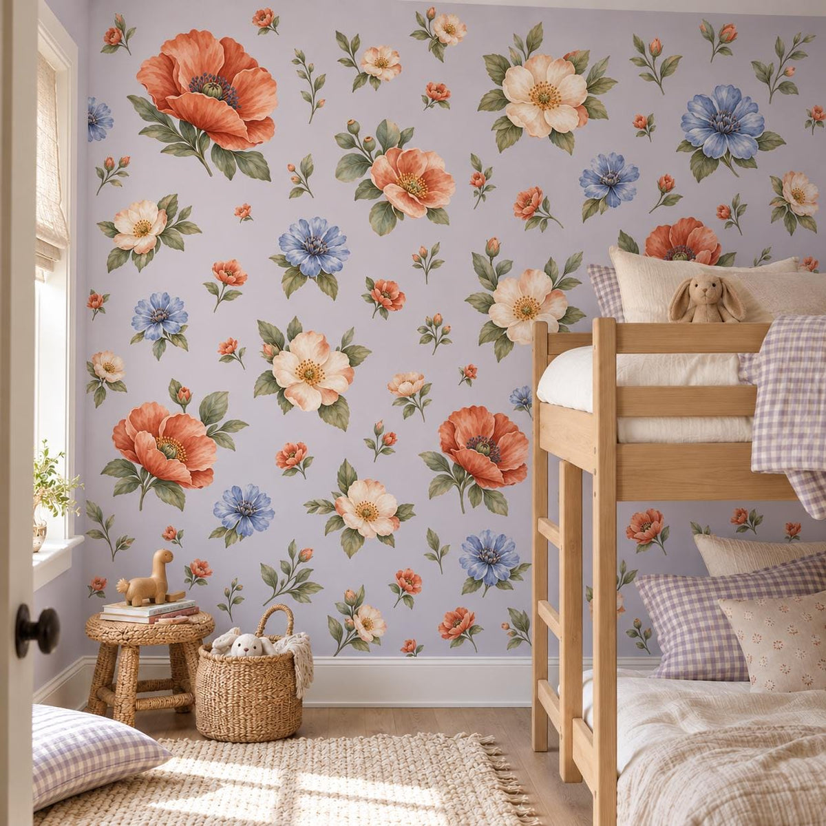 Floral Wall Stickers, Terracotta Blue Floral Nursery Decor, Vintage Flower Wall Decals, Kids Room Girls Baby Peel and Stick Wall Art