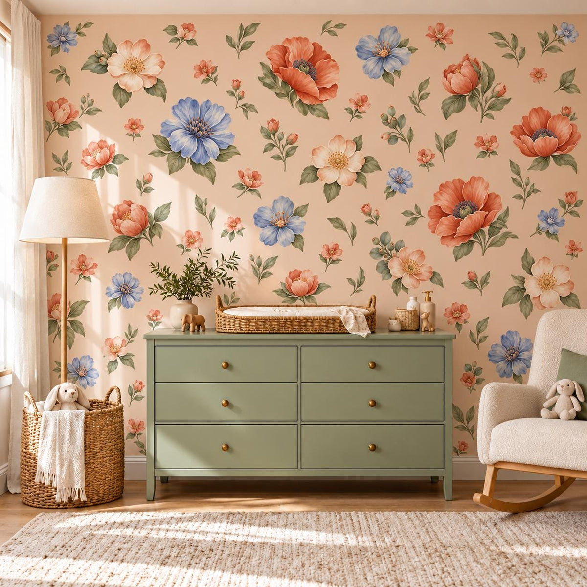 Floral Wall Stickers, Terracotta Blue Floral Nursery Decor, Vintage Flower Wall Decals, Kids Room Girls Baby Peel and Stick Wall Art