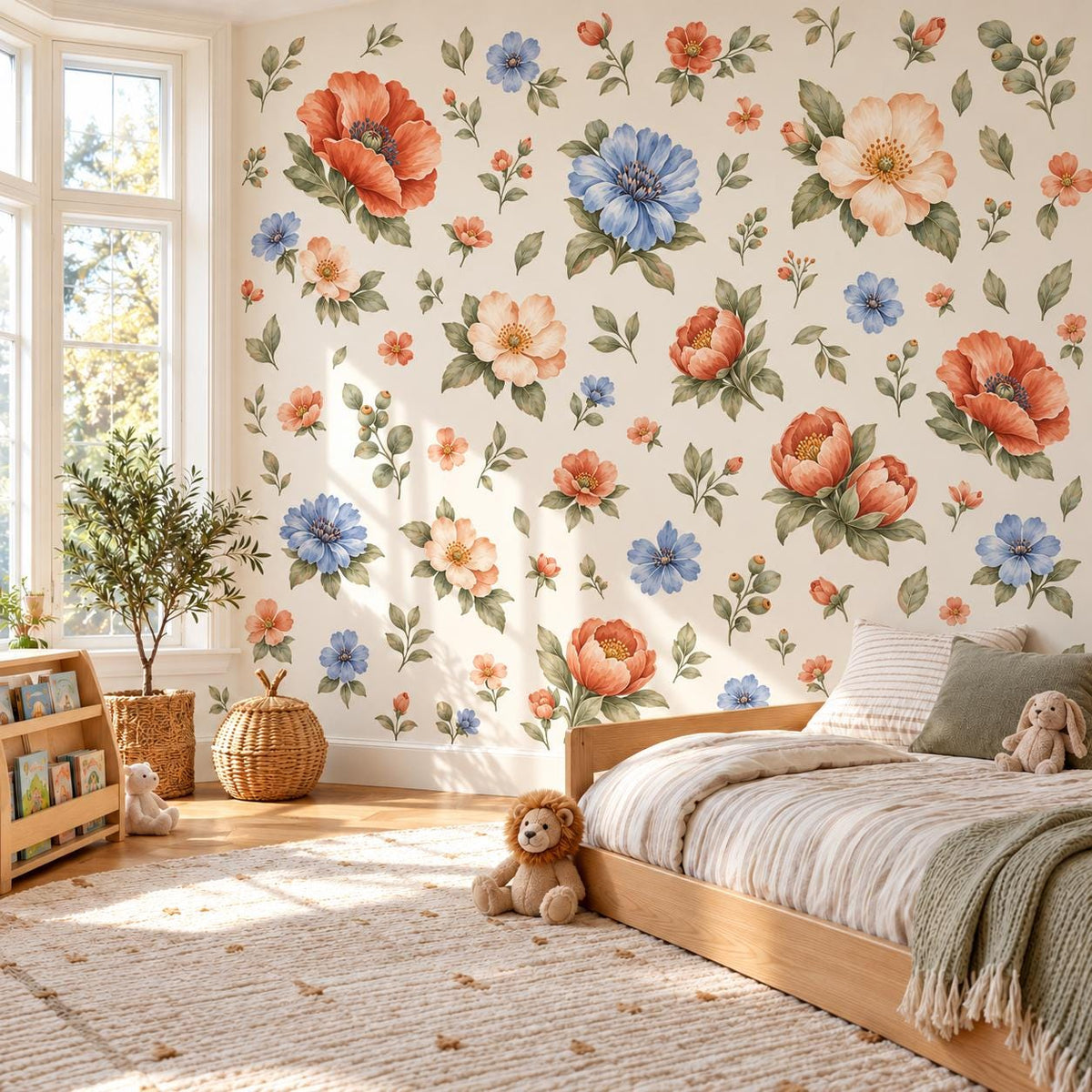 Floral Wall Stickers, Terracotta Blue Floral Nursery Decor, Vintage Flower Wall Decals, Kids Room Girls Baby Peel and Stick Wall Art