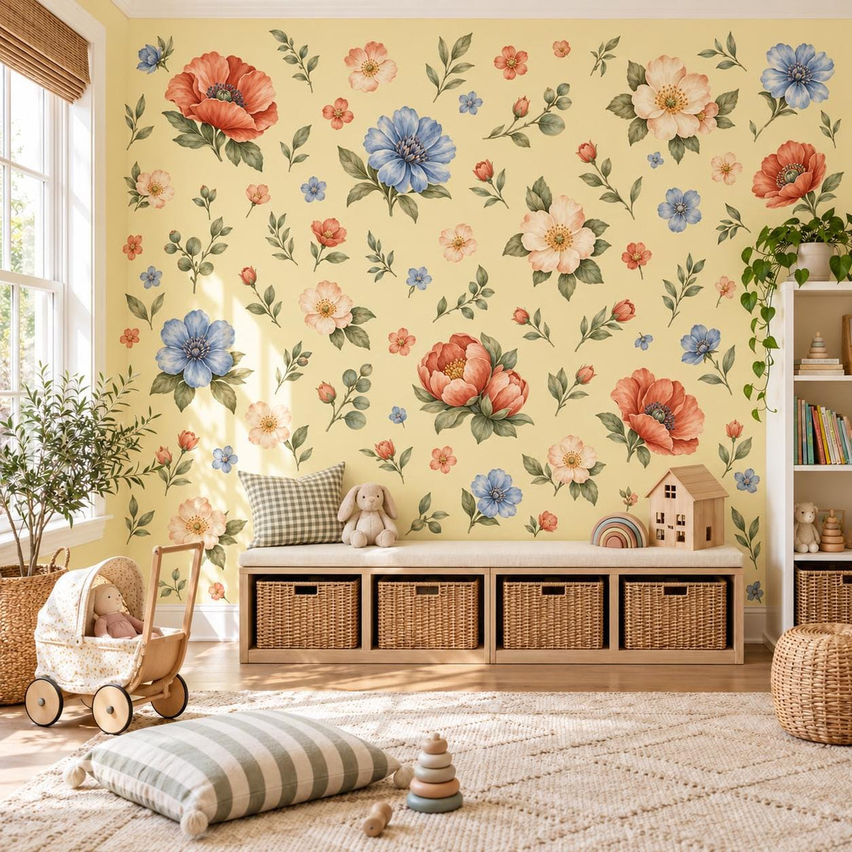 Floral Wall Stickers, Terracotta Blue Floral Nursery Decor, Vintage Flower Wall Decals, Kids Room Girls Baby Peel and Stick Wall Art