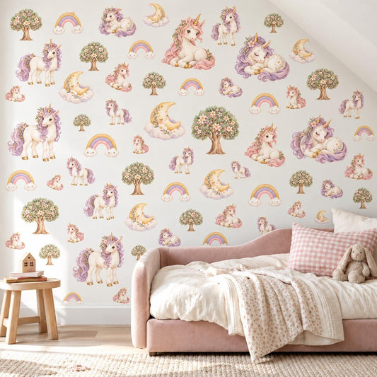 Unicorn Wall Stickers, Unicorn Rainbow Nursery Decor, Magical Moon Wall Decals, Girls Kids Room Bedroom Baby Peel and Stick Wall Art