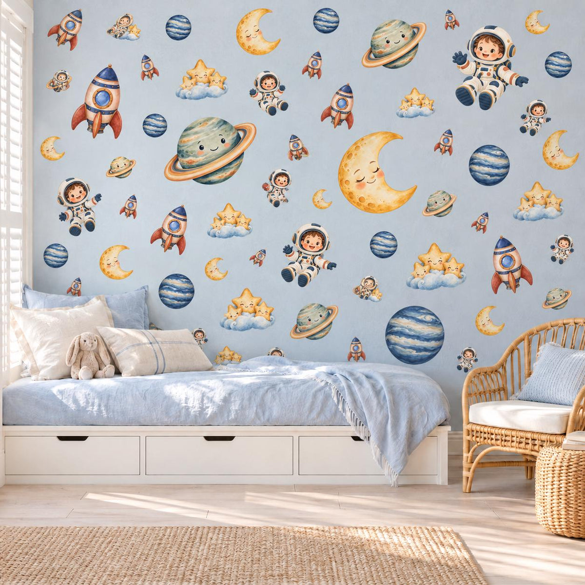 Space Wall Stickers, Rocket Astronaut Nursery Decor, Planet Moon Star Wall Decals, Boys Kids Room Gender Neutral Peel and Stick Art