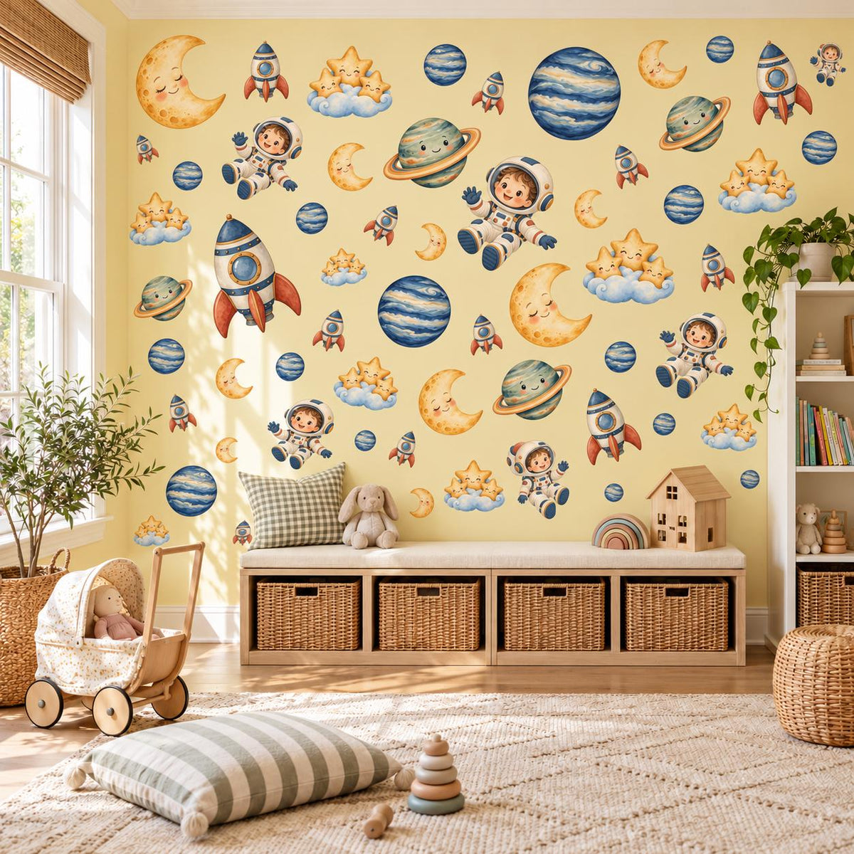 Space Wall Stickers, Rocket Astronaut Nursery Decor, Planet Moon Star Wall Decals, Boys Kids Room Gender Neutral Peel and Stick Art