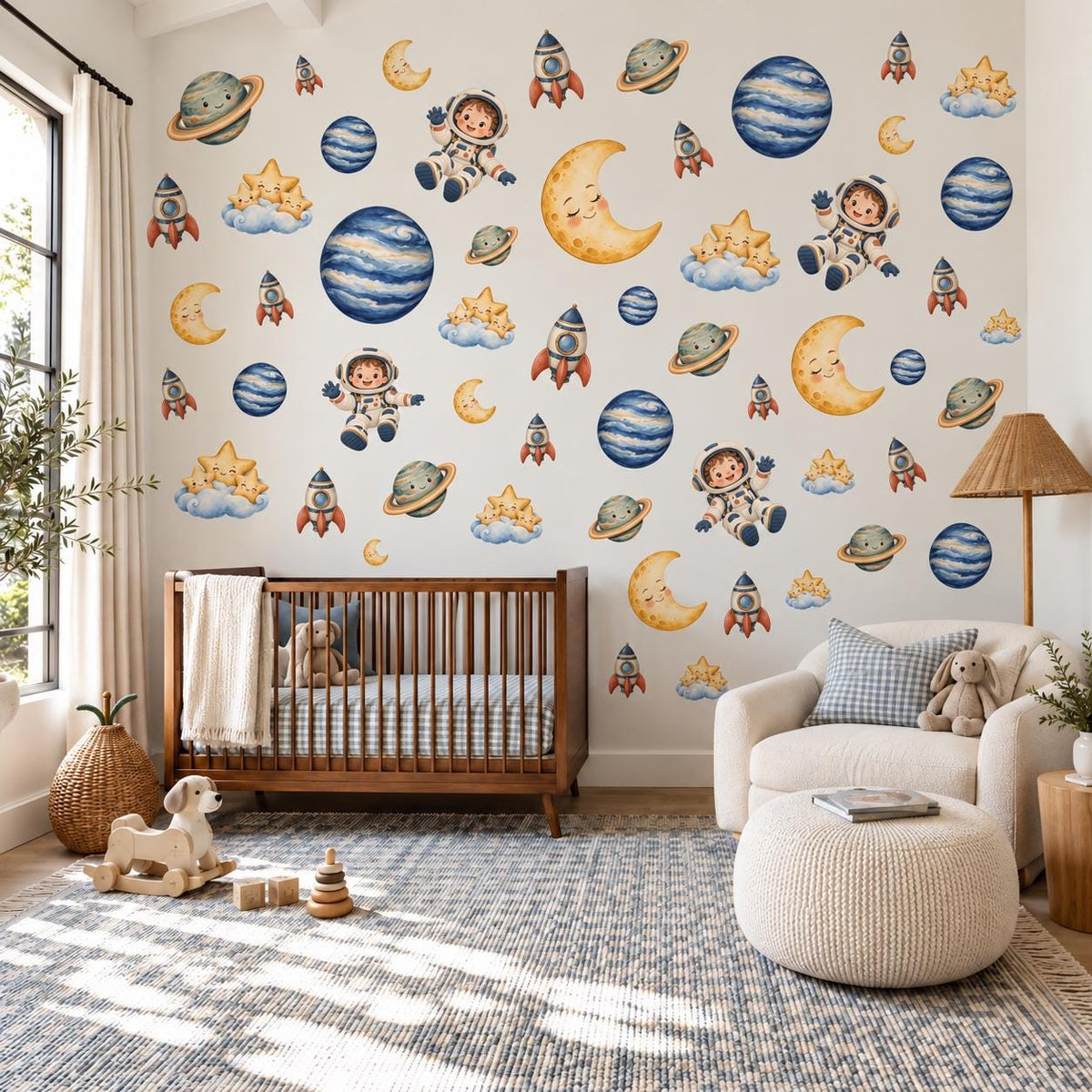 Space Wall Stickers, Rocket Astronaut Nursery Decor, Planet Moon Star Wall Decals, Boys Kids Room Gender Neutral Peel and Stick Art
