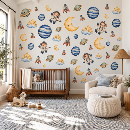 Space Wall Stickers, Rocket Astronaut Nursery Decor, Planet Moon Star Wall Decals, Boys Kids Room Gender Neutral Peel and Stick Art