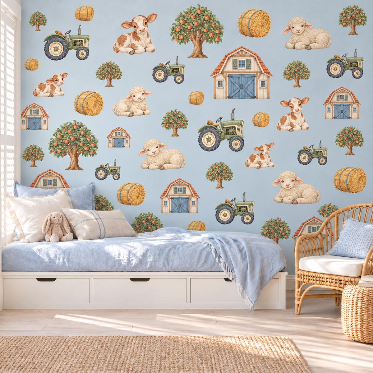 Farm Wall Stickers, Tractor Farm Nursery Decor, Cow Lamb Barn Wall Decals, Kids Room Gender Neutral Baby Peel and Stick Wall Art