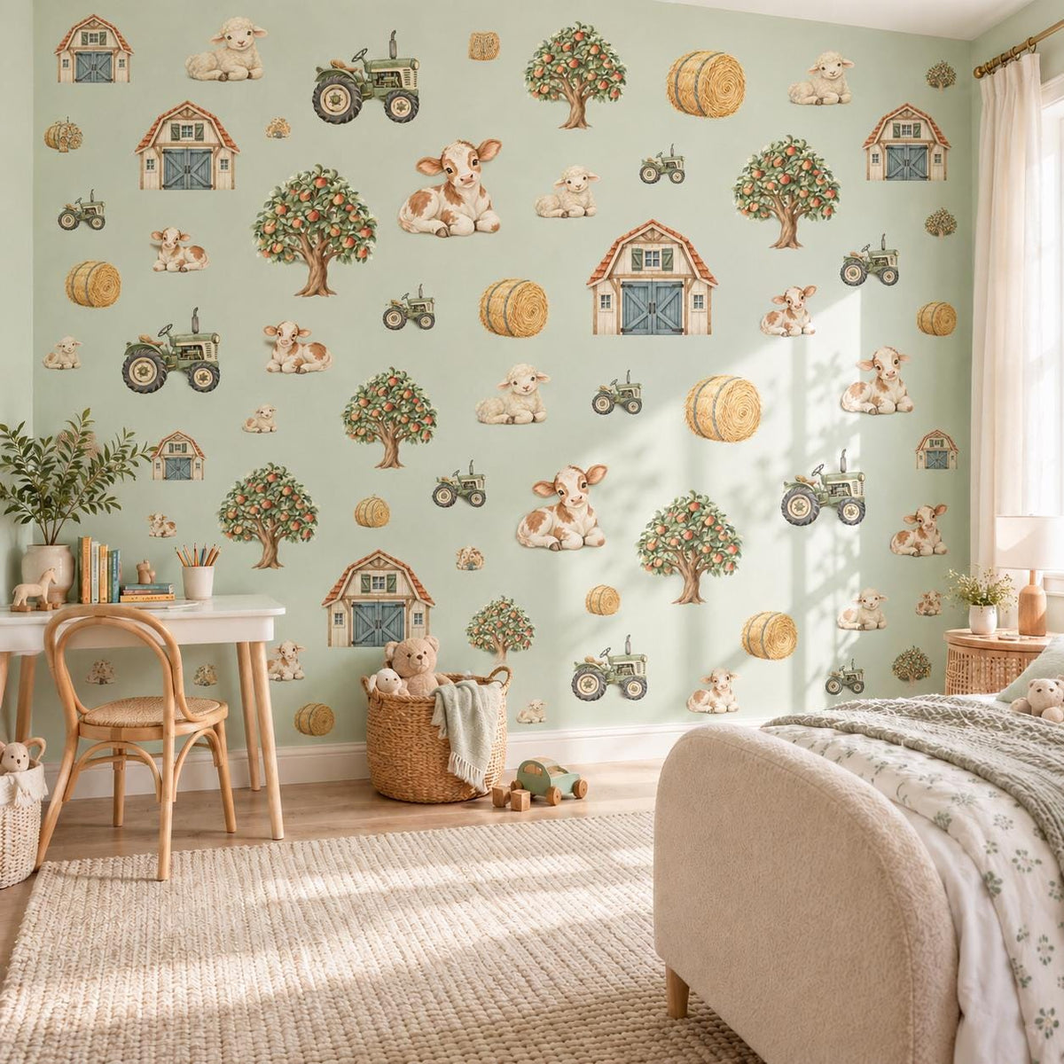 Farm Wall Stickers, Tractor Farm Nursery Decor, Cow Lamb Barn Wall Decals, Kids Room Gender Neutral Baby Peel and Stick Wall Art