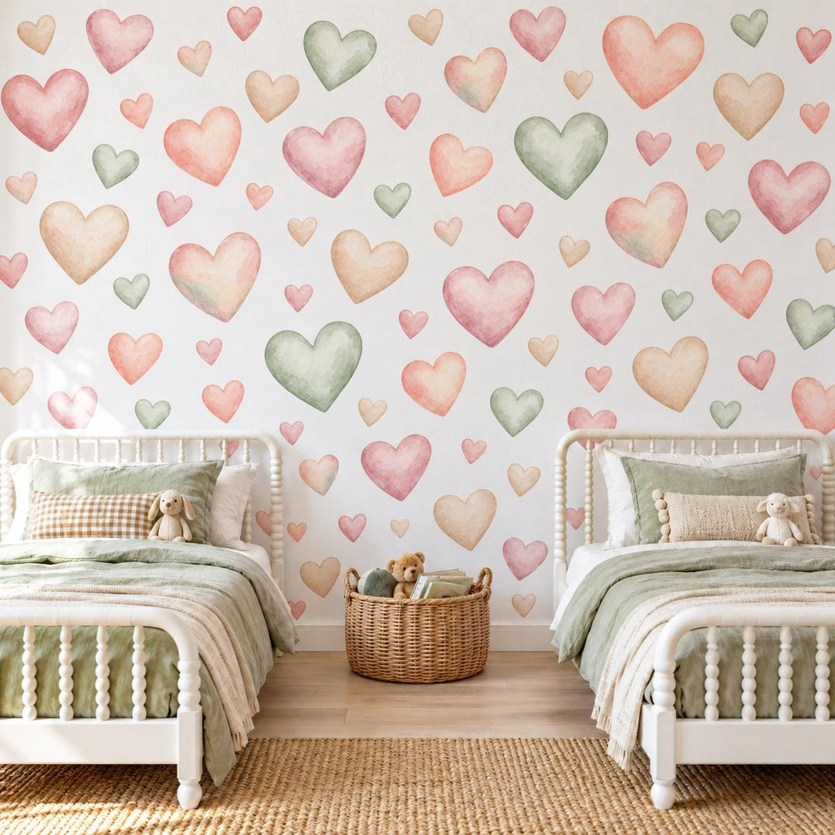 Heart Wall Stickers, Watercolour Heart Nursery Decor, Pink Sage Heart Wall Decals, Kids Room Gender Neutral Baby Peel and Stick Art