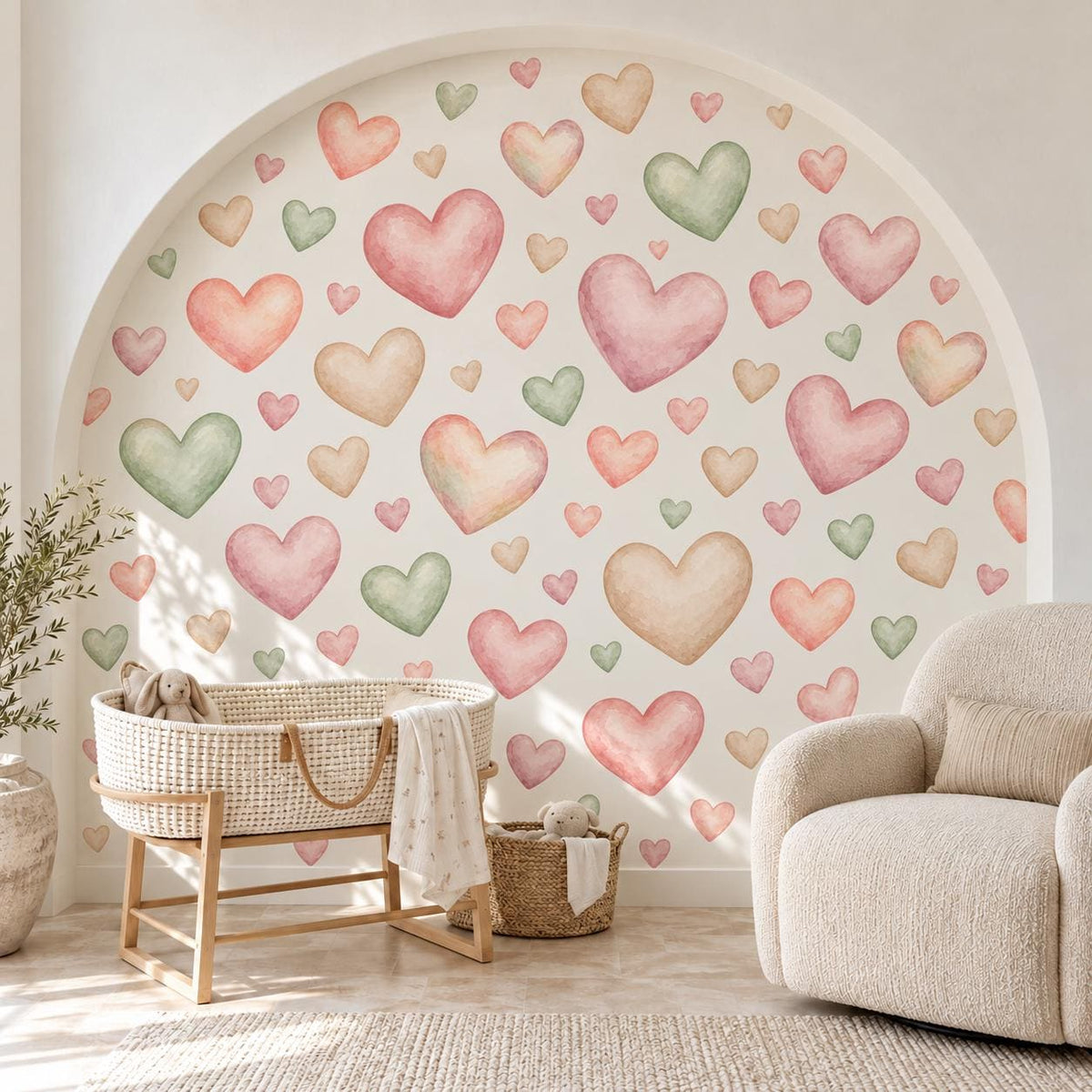 Heart Wall Stickers, Watercolour Heart Nursery Decor, Pink Sage Heart Wall Decals, Kids Room Gender Neutral Baby Peel and Stick Art