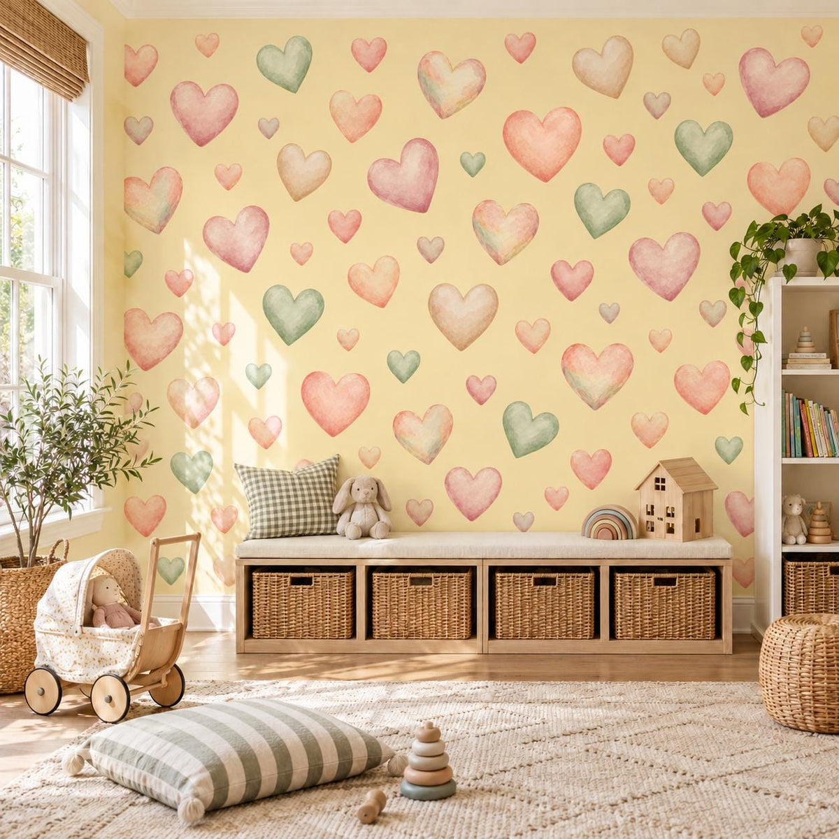Heart Wall Stickers, Watercolour Heart Nursery Decor, Pink Sage Heart Wall Decals, Kids Room Gender Neutral Baby Peel and Stick Art