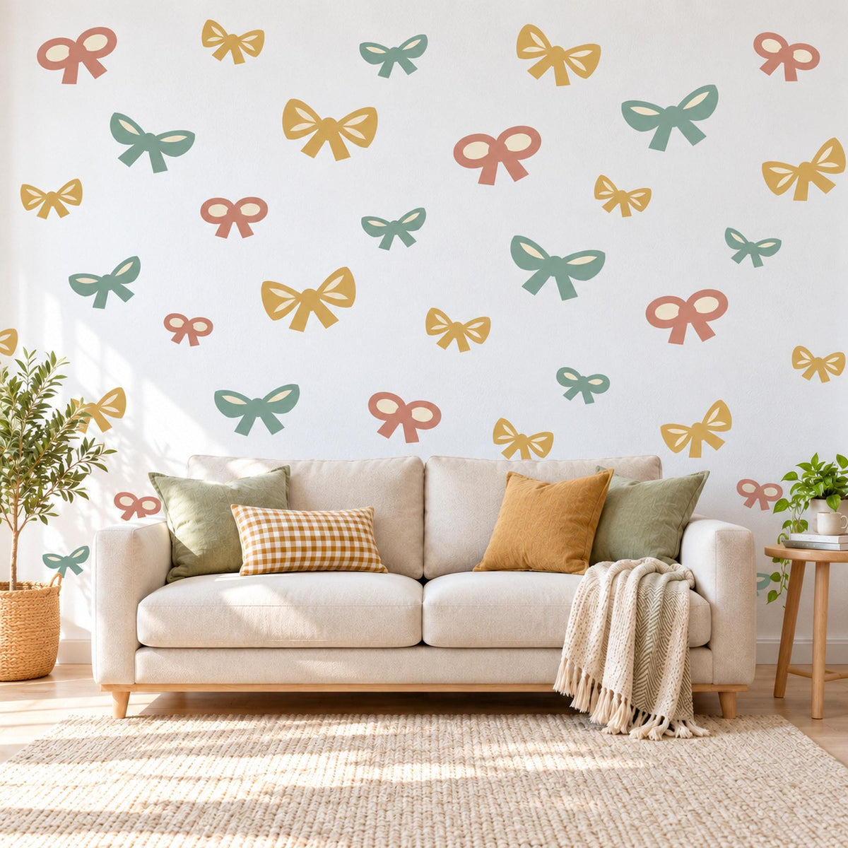 Bow Wall Stickers, Terracotta Sage Mustard Nursery Decor, Boho Ribbon Bow Wall Decals, Girls Bedroom Coquette Peel and Stick Wall Art