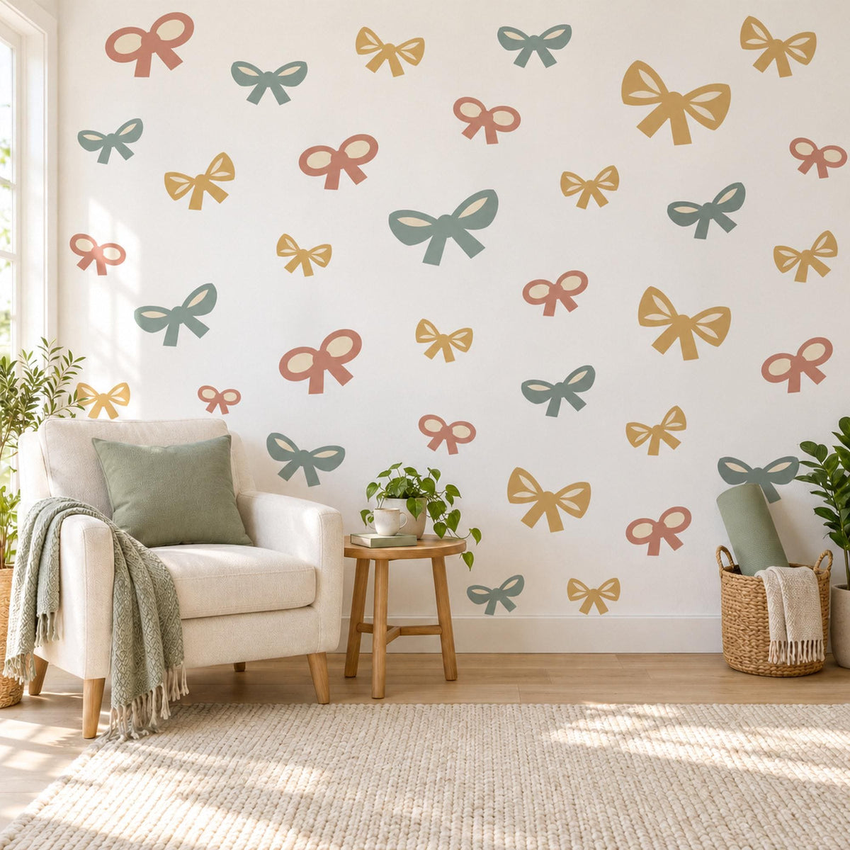Bow Wall Stickers, Terracotta Sage Mustard Nursery Decor, Boho Ribbon Bow Wall Decals, Girls Bedroom Coquette Peel and Stick Wall Art