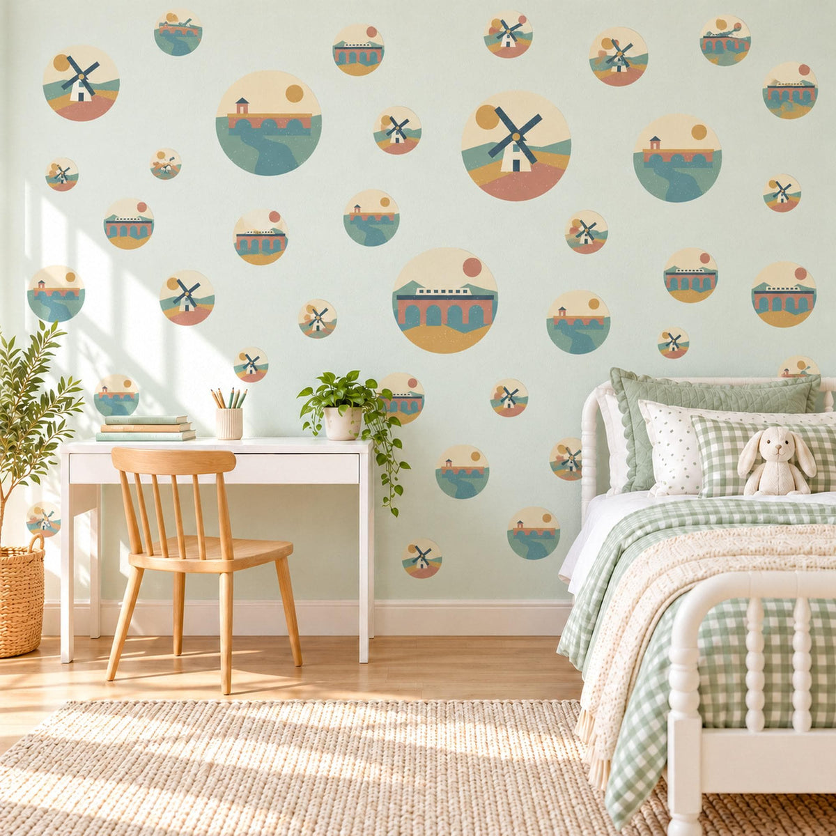 Windmill Wall Stickers, Teal Terracotta Mustard Landscape Decor, Countryside Circle Wall Decals, Boho Kids Room Peel and Stick Wall Art
