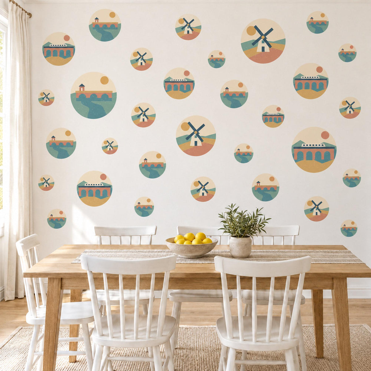 Windmill Wall Stickers, Teal Terracotta Mustard Landscape Decor, Countryside Circle Wall Decals, Boho Kids Room Peel and Stick Wall Art