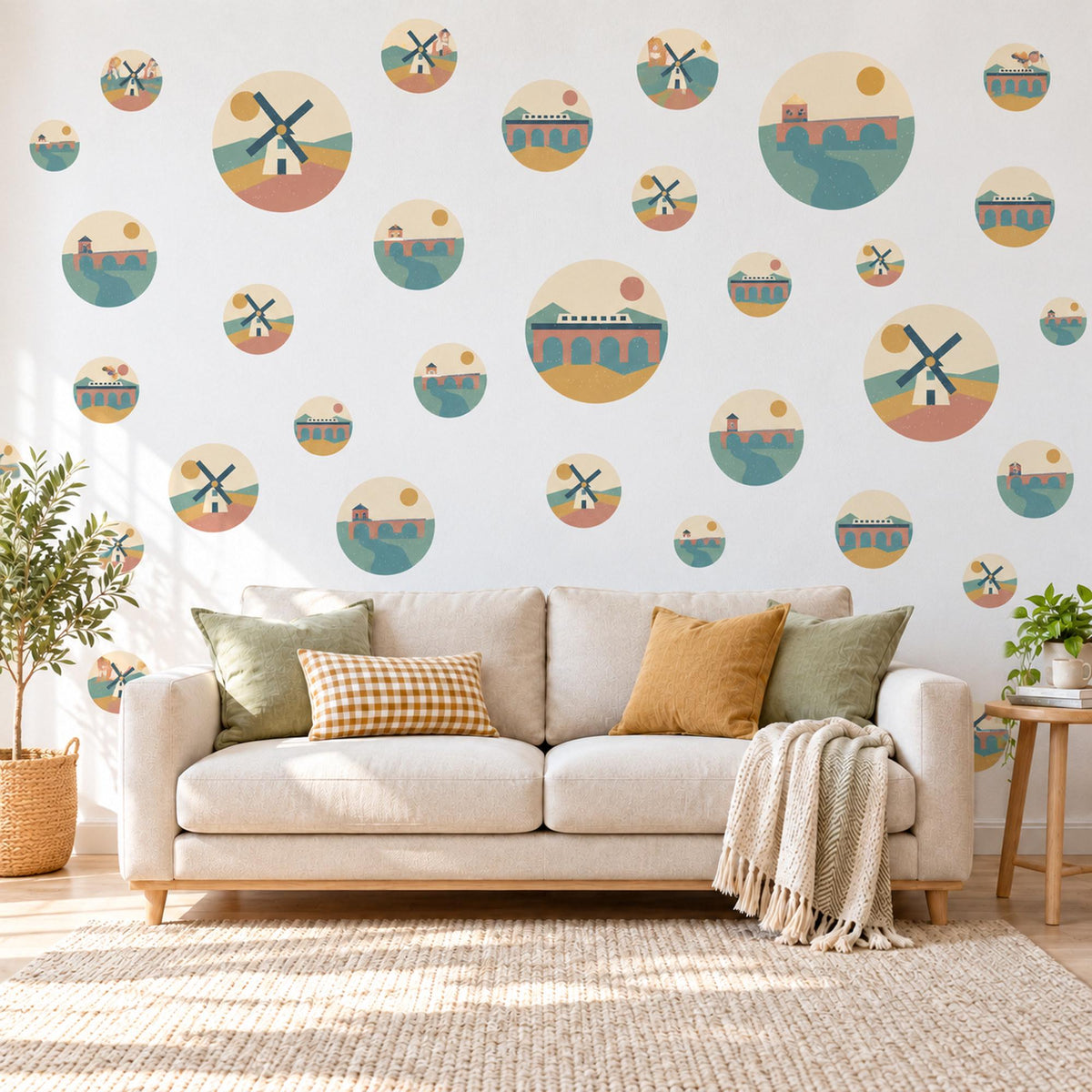 Windmill Wall Stickers, Teal Terracotta Mustard Landscape Decor, Countryside Circle Wall Decals, Boho Kids Room Peel and Stick Wall Art