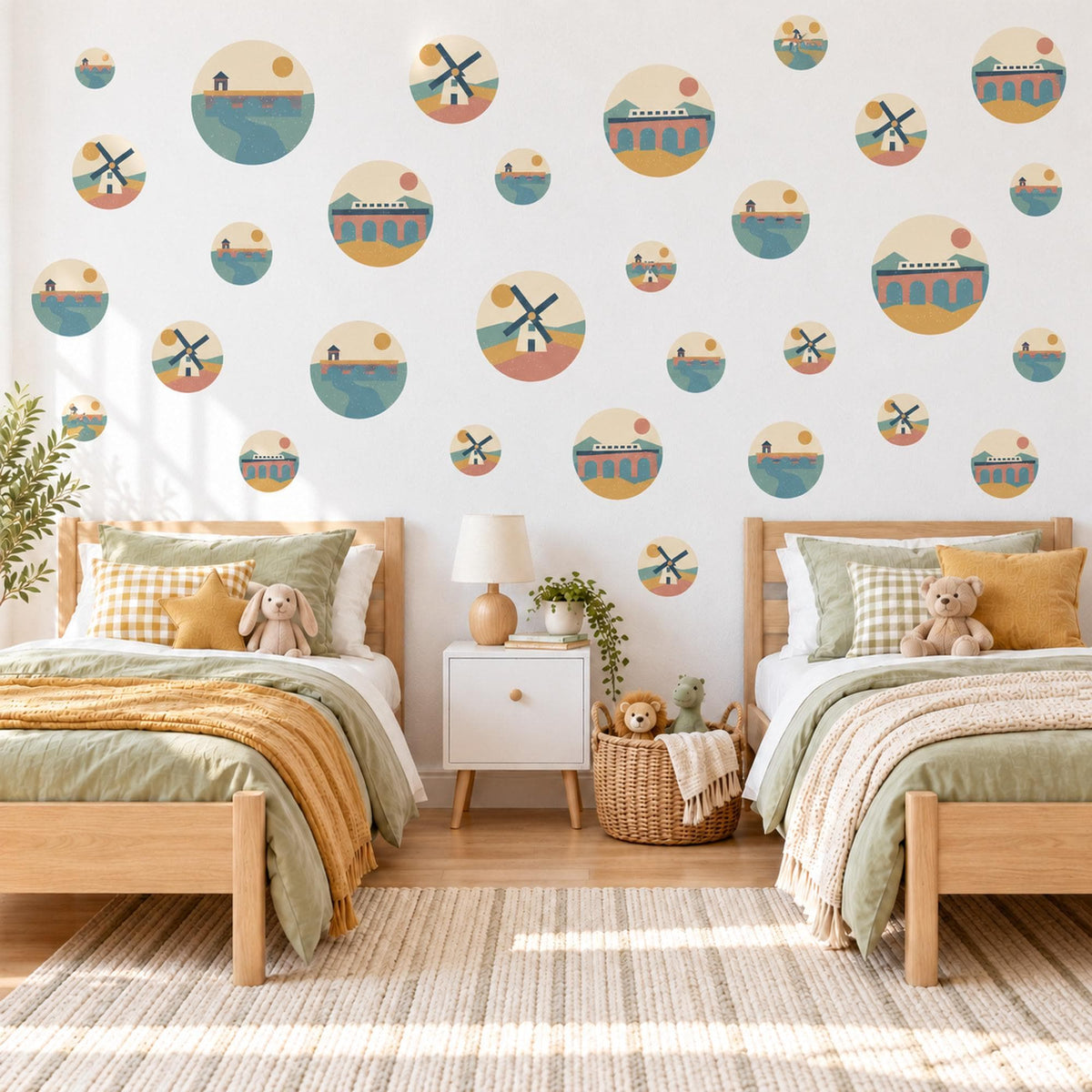Windmill Wall Stickers, Teal Terracotta Mustard Landscape Decor, Countryside Circle Wall Decals, Boho Kids Room Peel and Stick Wall Art