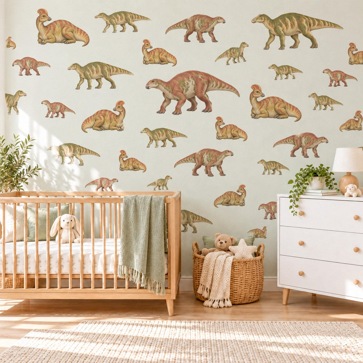 Dinosaur Wall Stickers, Olive Rust Duckbill Dino Nursery Decor, Vintage Dinosaur Wall Decals, Boys Kids Room Green Peel and Stick Wall Art