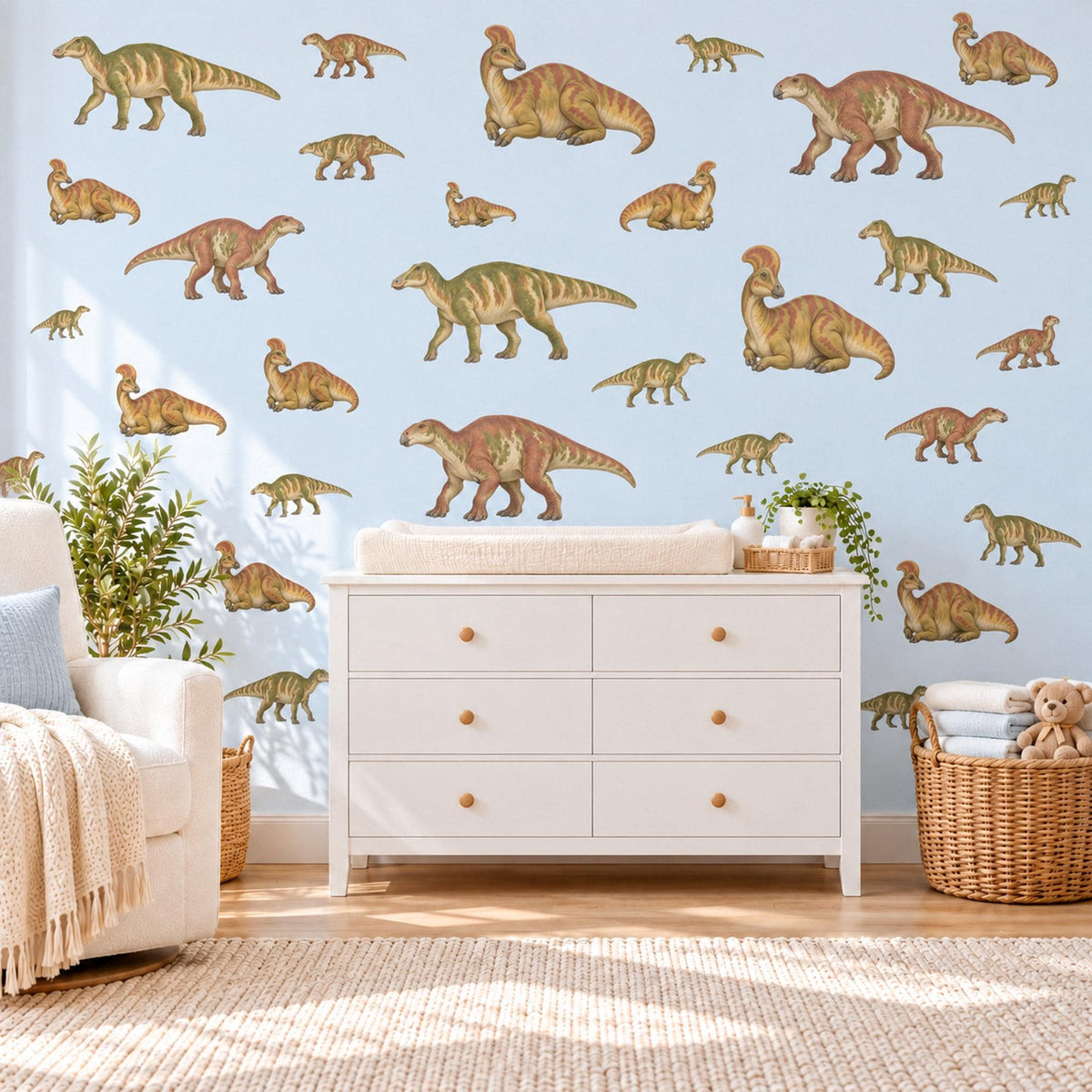 Dinosaur Wall Stickers, Olive Rust Duckbill Dino Nursery Decor, Vintage Dinosaur Wall Decals, Boys Kids Room Green Peel and Stick Wall Art