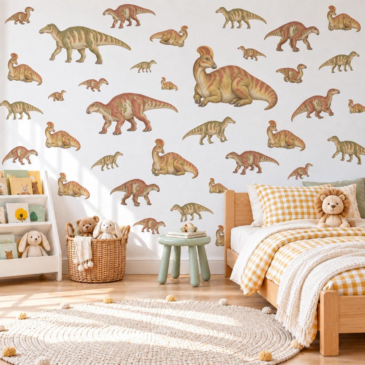 Dinosaur Wall Stickers, Olive Rust Duckbill Dino Nursery Decor, Vintage Dinosaur Wall Decals, Boys Kids Room Green Peel and Stick Wall Art