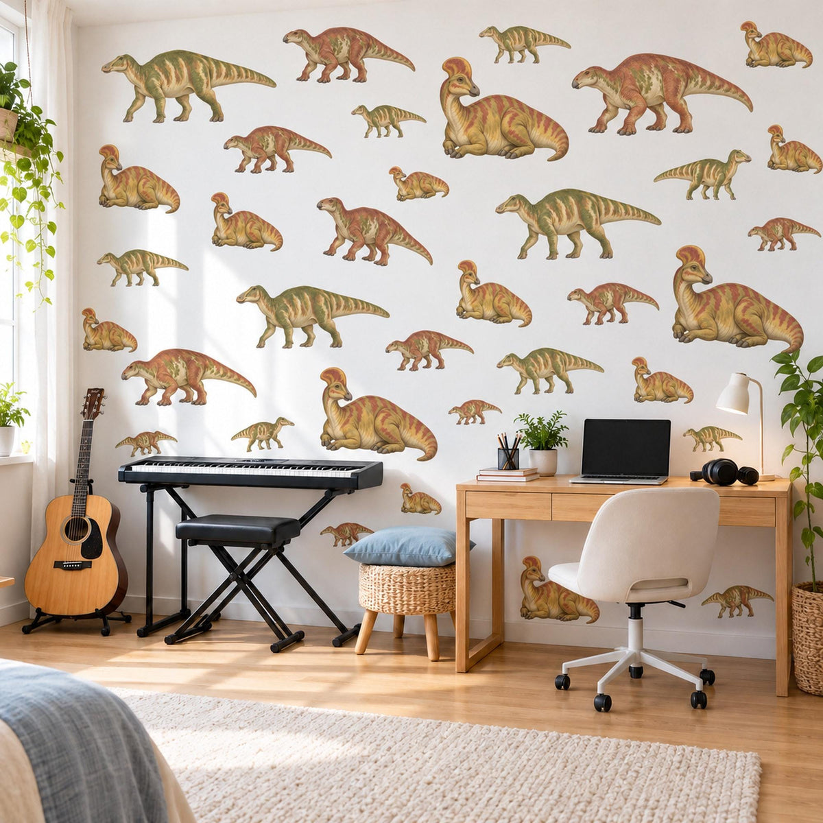 Dinosaur Wall Stickers, Olive Rust Duckbill Dino Nursery Decor, Vintage Dinosaur Wall Decals, Boys Kids Room Green Peel and Stick Wall Art