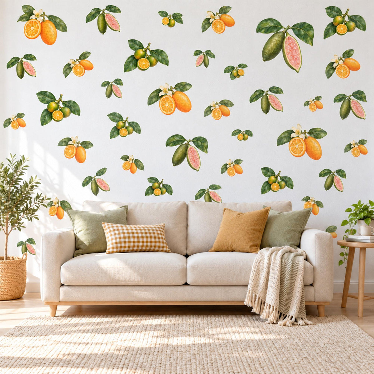 Citrus Wall Stickers, Orange Guava Fruit Decor, Botanical Kitchen Wall Decals, Orange Blossom Green Leaf Nursery Peel and Stick Wall Art