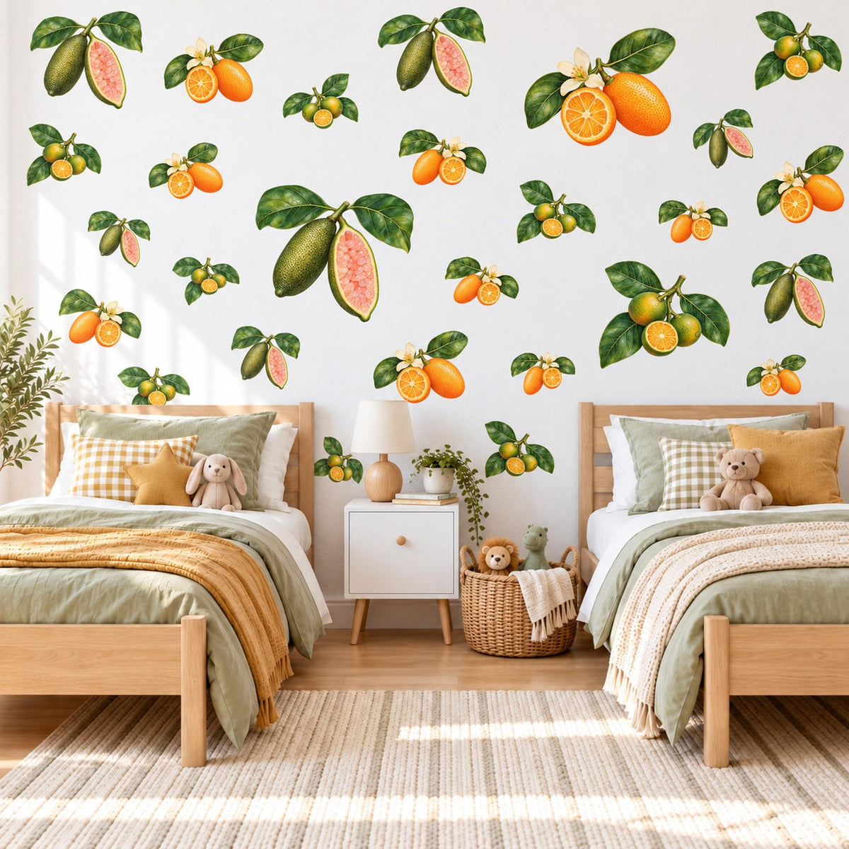 Citrus Wall Stickers, Orange Guava Fruit Decor, Botanical Kitchen Wall Decals, Orange Blossom Green Leaf Nursery Peel and Stick Wall Art