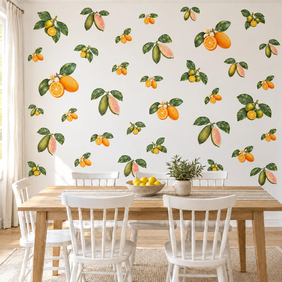 Citrus Wall Stickers, Orange Guava Fruit Decor, Botanical Kitchen Wall Decals, Orange Blossom Green Leaf Nursery Peel and Stick Wall Art