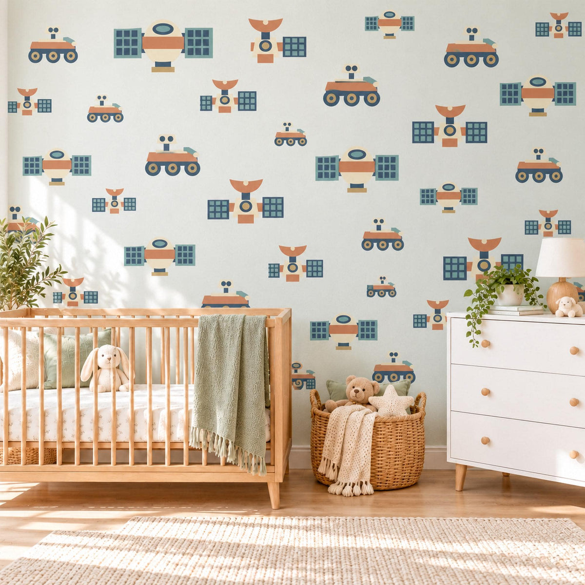 Space Wall Stickers, Navy Rust Satellite Rover Decor, Retro Space Explorer Wall Decals, Boys Kids Room Nursery Peel and Stick Wall Art