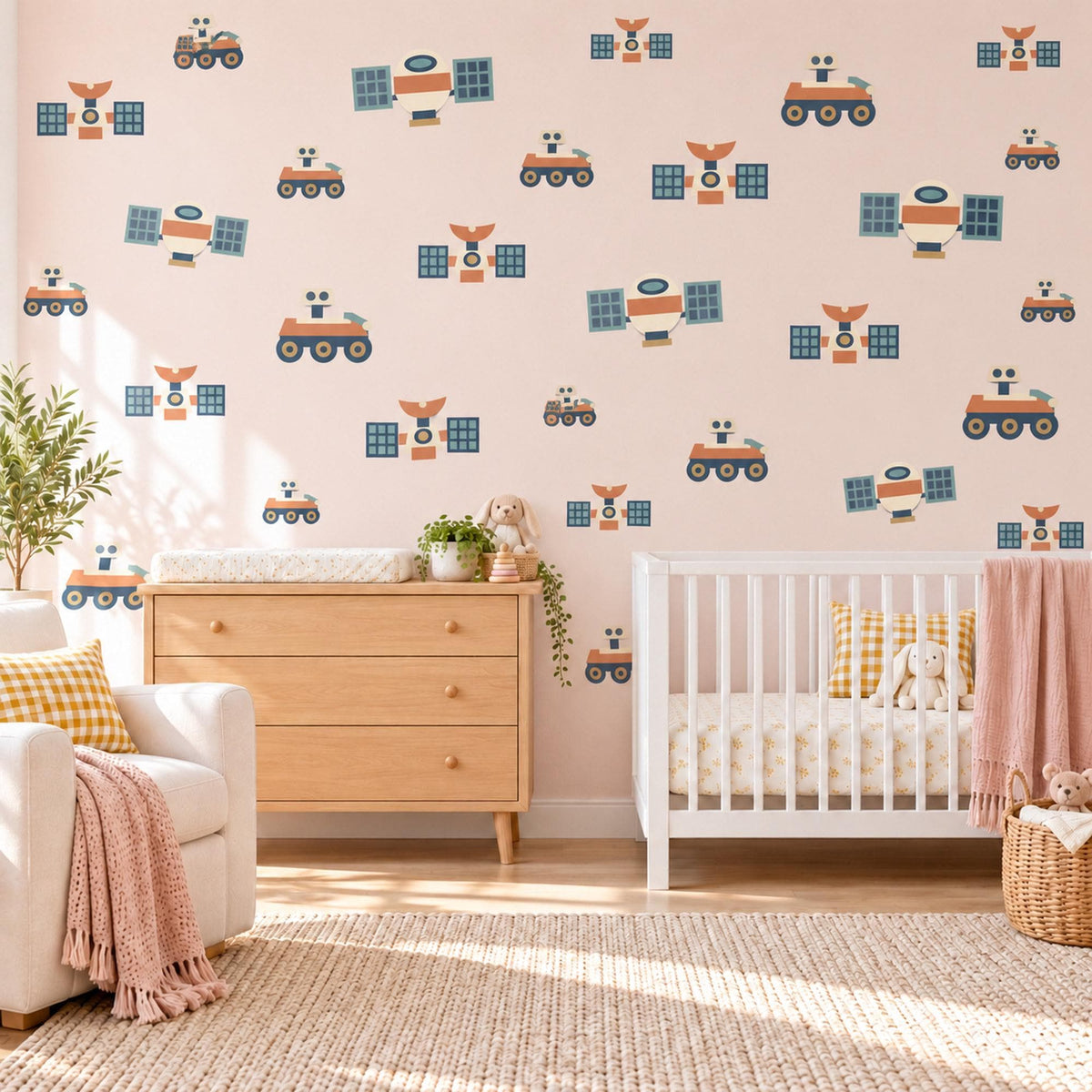 Space Wall Stickers, Navy Rust Satellite Rover Decor, Retro Space Explorer Wall Decals, Boys Kids Room Nursery Peel and Stick Wall Art