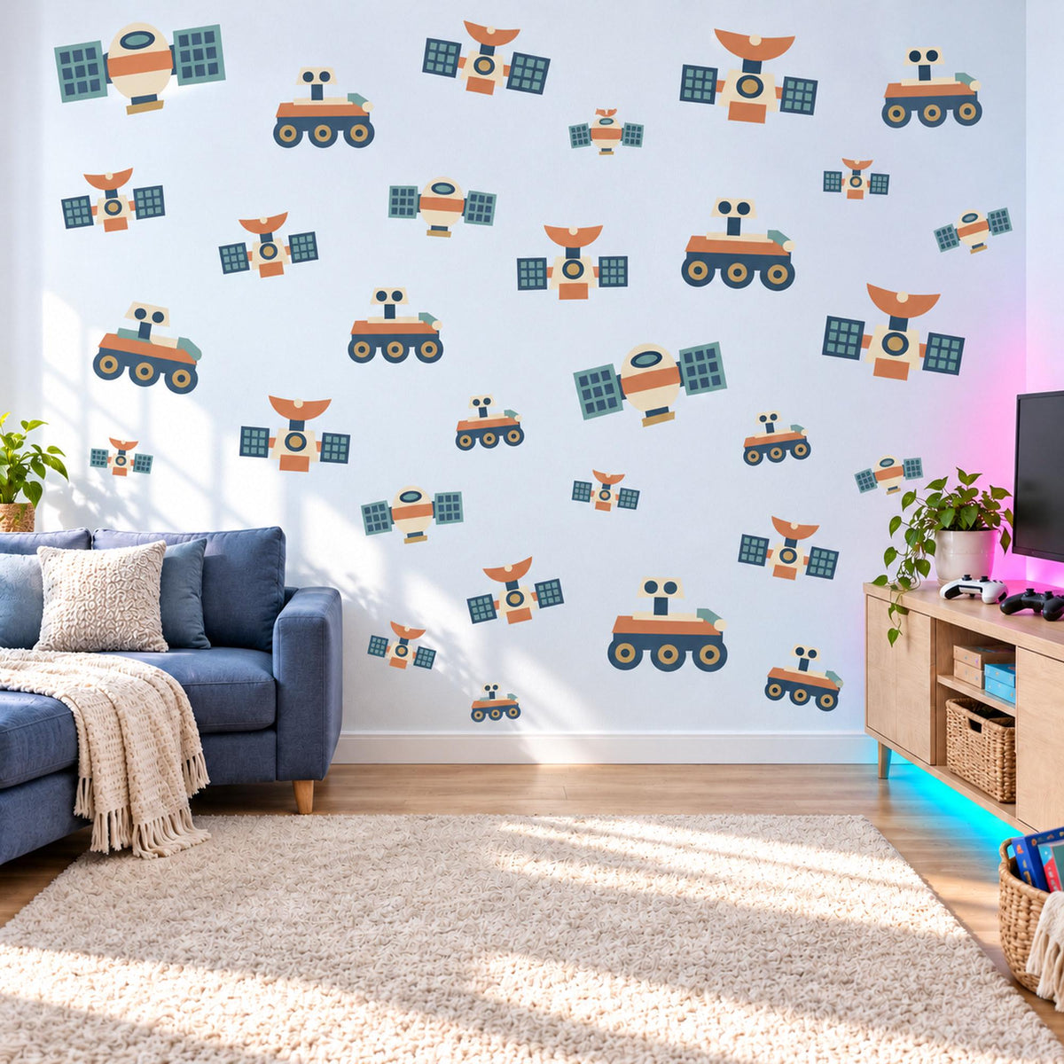 Space Wall Stickers, Navy Rust Satellite Rover Decor, Retro Space Explorer Wall Decals, Boys Kids Room Nursery Peel and Stick Wall Art