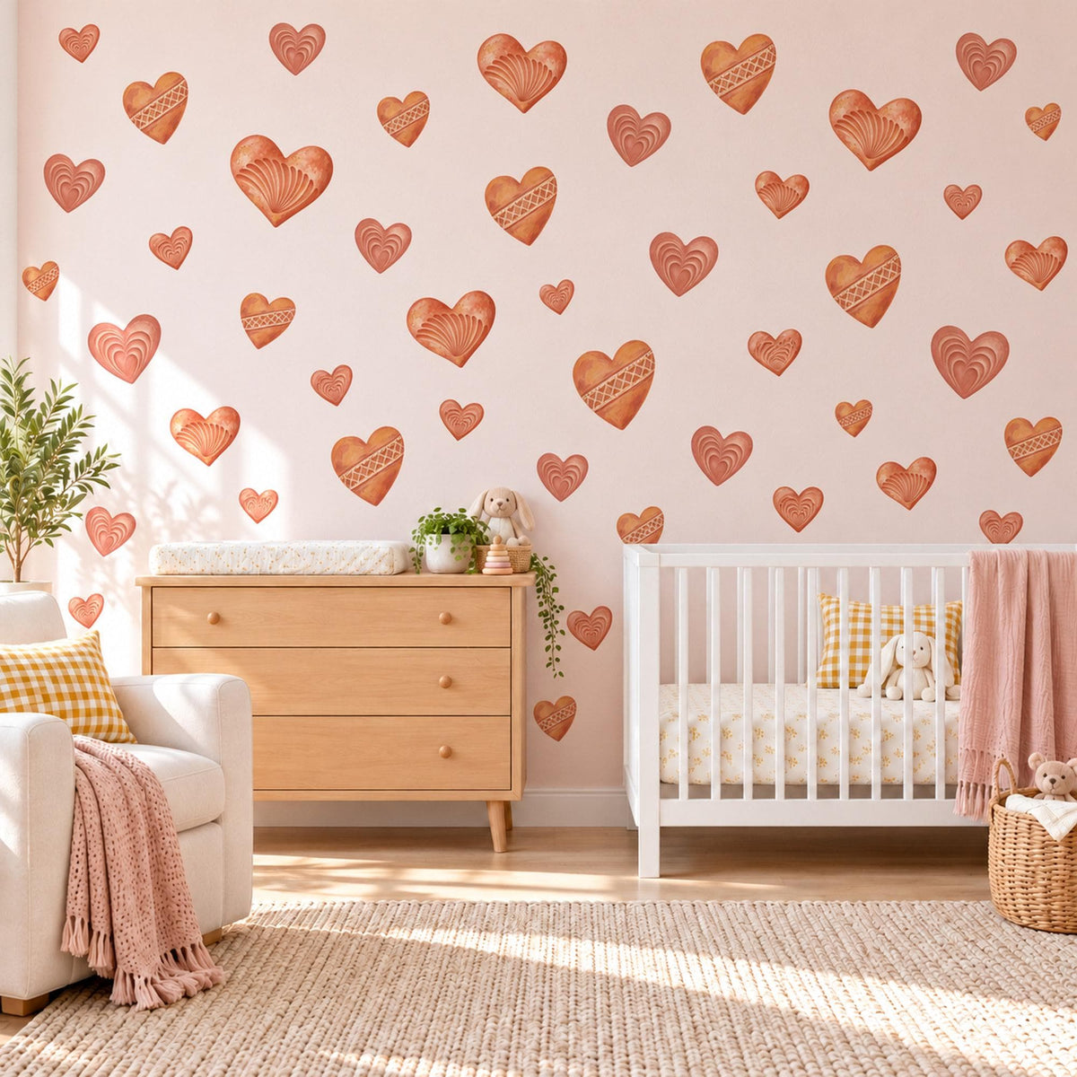 Heart Wall Stickers, Terracotta Clay Heart Decor, Boho Rust Heart Wall Decals, Girls Nursery Bedroom Earthy Peel and Stick Wall Art