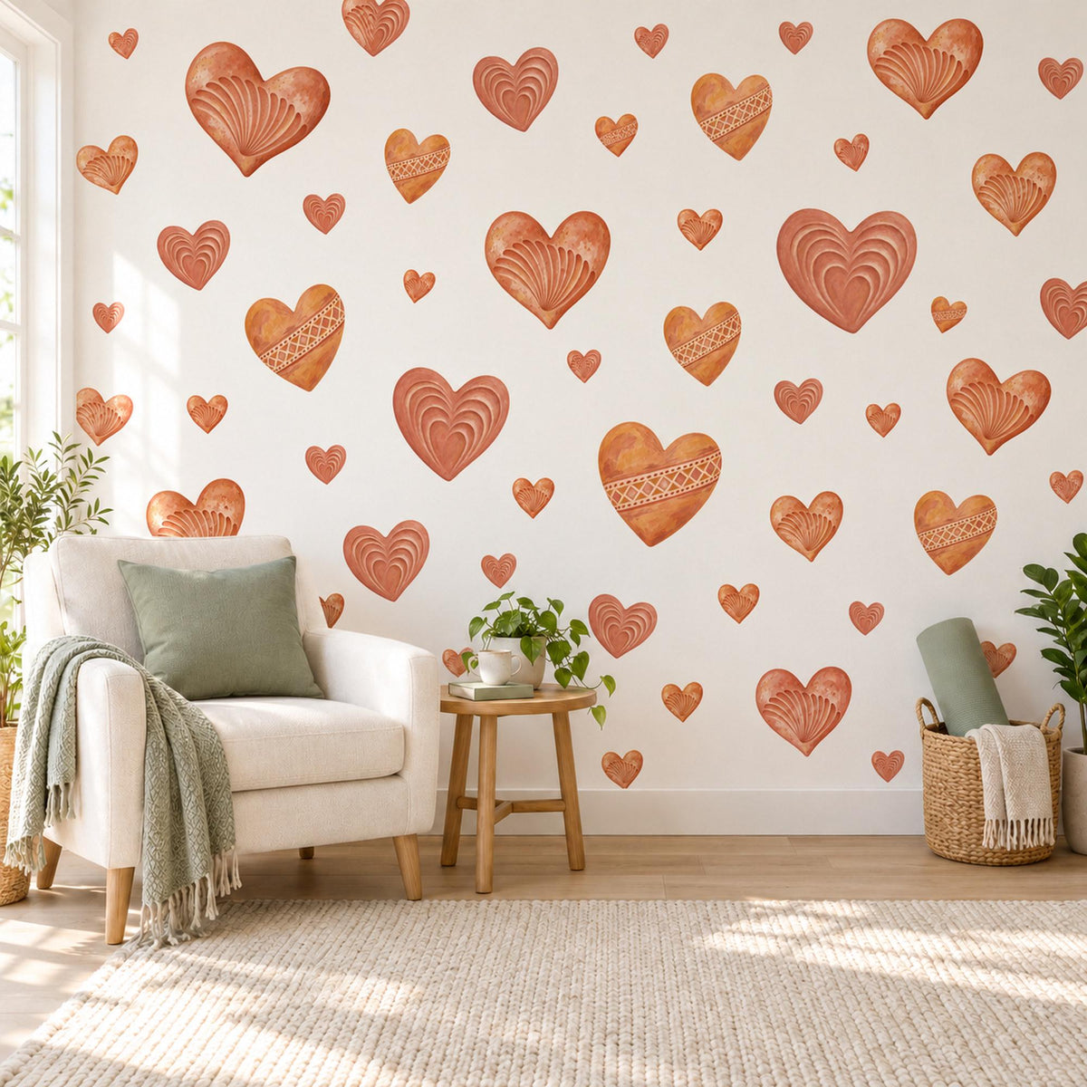 Heart Wall Stickers, Terracotta Clay Heart Decor, Boho Rust Heart Wall Decals, Girls Nursery Bedroom Earthy Peel and Stick Wall Art