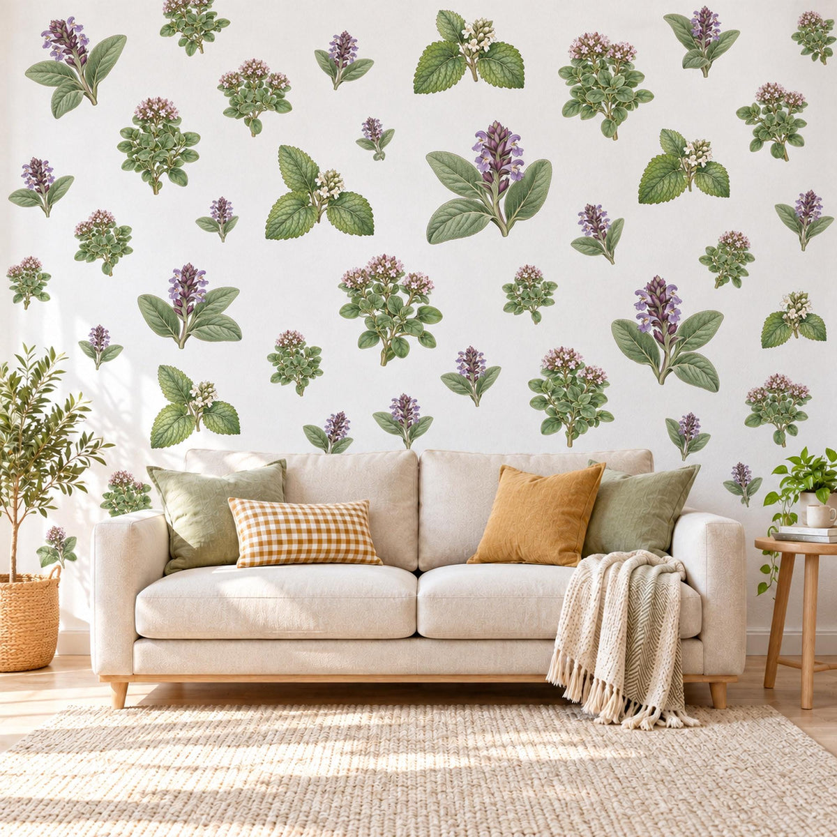 Herb Wall Stickers, Sage Green Botanical Kitchen Decor, Lavender Herb Sprig Wall Decals, Purple Flower Leaf Nursery Peel and Stick Wall Art