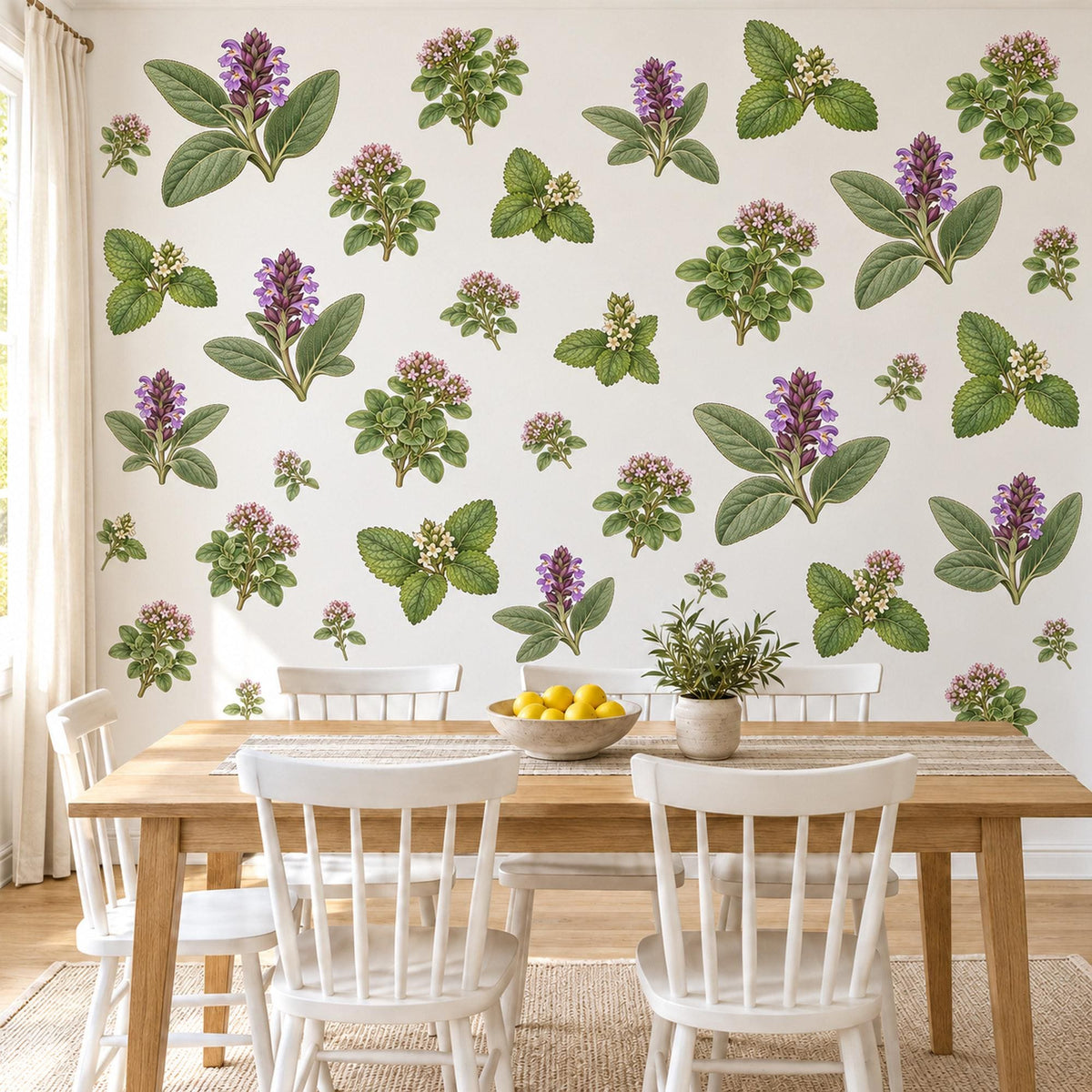 Herb Wall Stickers, Sage Green Botanical Kitchen Decor, Lavender Herb Sprig Wall Decals, Purple Flower Leaf Nursery Peel and Stick Wall Art