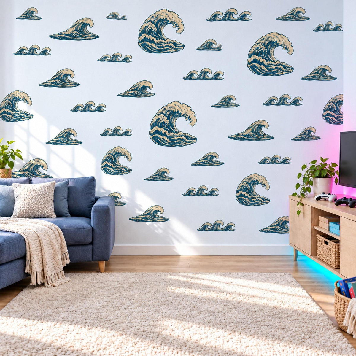 Wave Wall Stickers, Navy Cream Ocean Wave Decor, Japanese Style Great Wave Wall Decals, Boys Nautical Kids Room Peel and Stick Wall Art