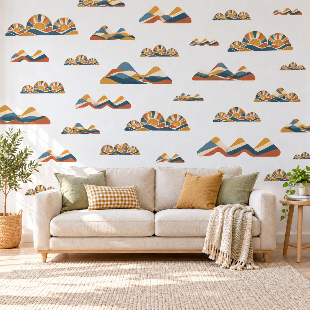 Rainbow Hills Wall Stickers, Rust Navy Mustard Boho Decor, Retro Sunset Mountain Wall Decals, Kids Room Nursery Peel and Stick Wall Art