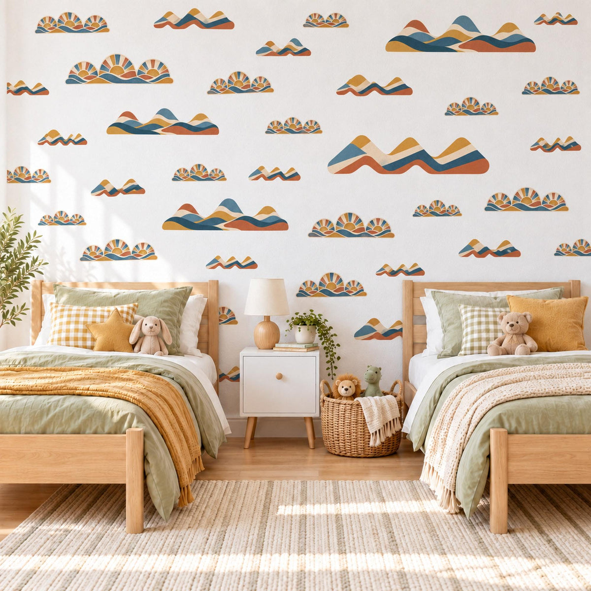 Rainbow Hills Wall Stickers, Rust Navy Mustard Boho Decor, Retro Sunset Mountain Wall Decals, Kids Room Nursery Peel and Stick Wall Art