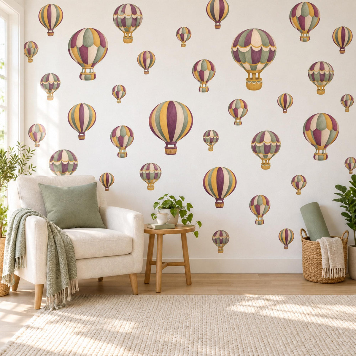 Hot Air Balloon Wall Stickers, Plum Sage Mustard Nursery Decor, Vintage Balloon Wall Decals, Travel Kids Room Peel and Stick Wall Art
