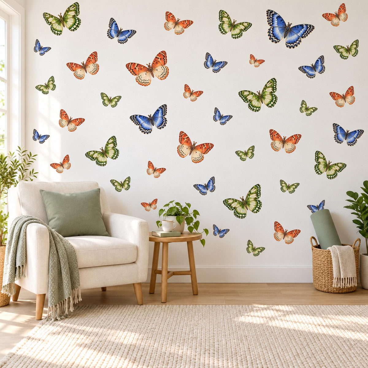 Butterfly Wall Stickers, Green Blue Orange Butterfly Decor, Tropical Butterfly Wall Decals, Girls Kids Room Nursery Peel and Stick Wall Art