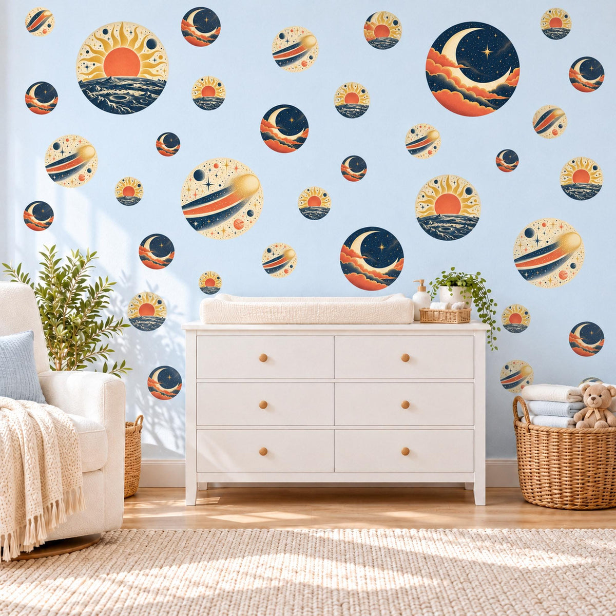 Moon Wall Stickers, Navy Orange Celestial Nursery Decor, Crescent Moon Comet Wall Decals, Space Kids Room Circle Peel and Stick Wall Art