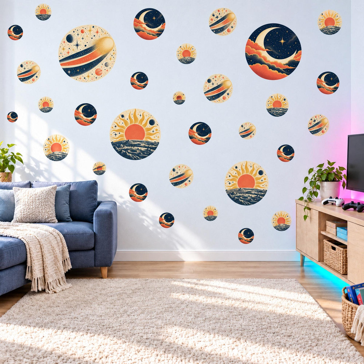 Moon Wall Stickers, Navy Orange Celestial Nursery Decor, Crescent Moon Comet Wall Decals, Space Kids Room Circle Peel and Stick Wall Art