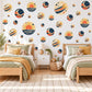 Moon Wall Stickers, Navy Orange Celestial Nursery Decor, Crescent Moon Comet Wall Decals, Space Kids Room Circle Peel and Stick Wall Art
