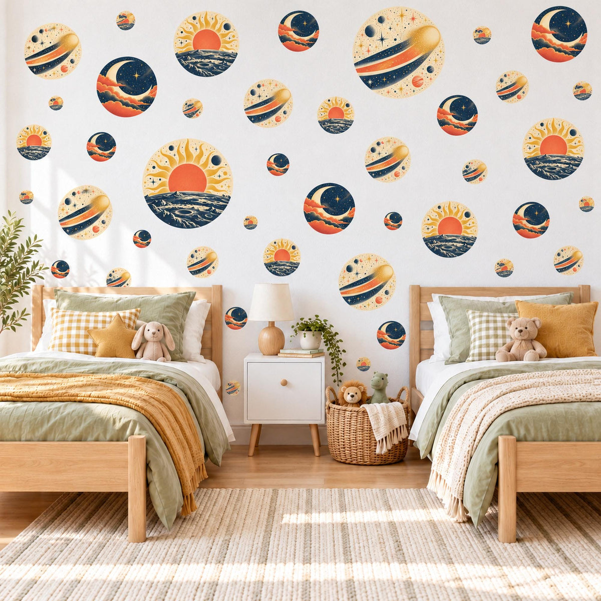Moon Wall Stickers, Navy Orange Celestial Nursery Decor, Crescent Moon Comet Wall Decals, Space Kids Room Circle Peel and Stick Wall Art